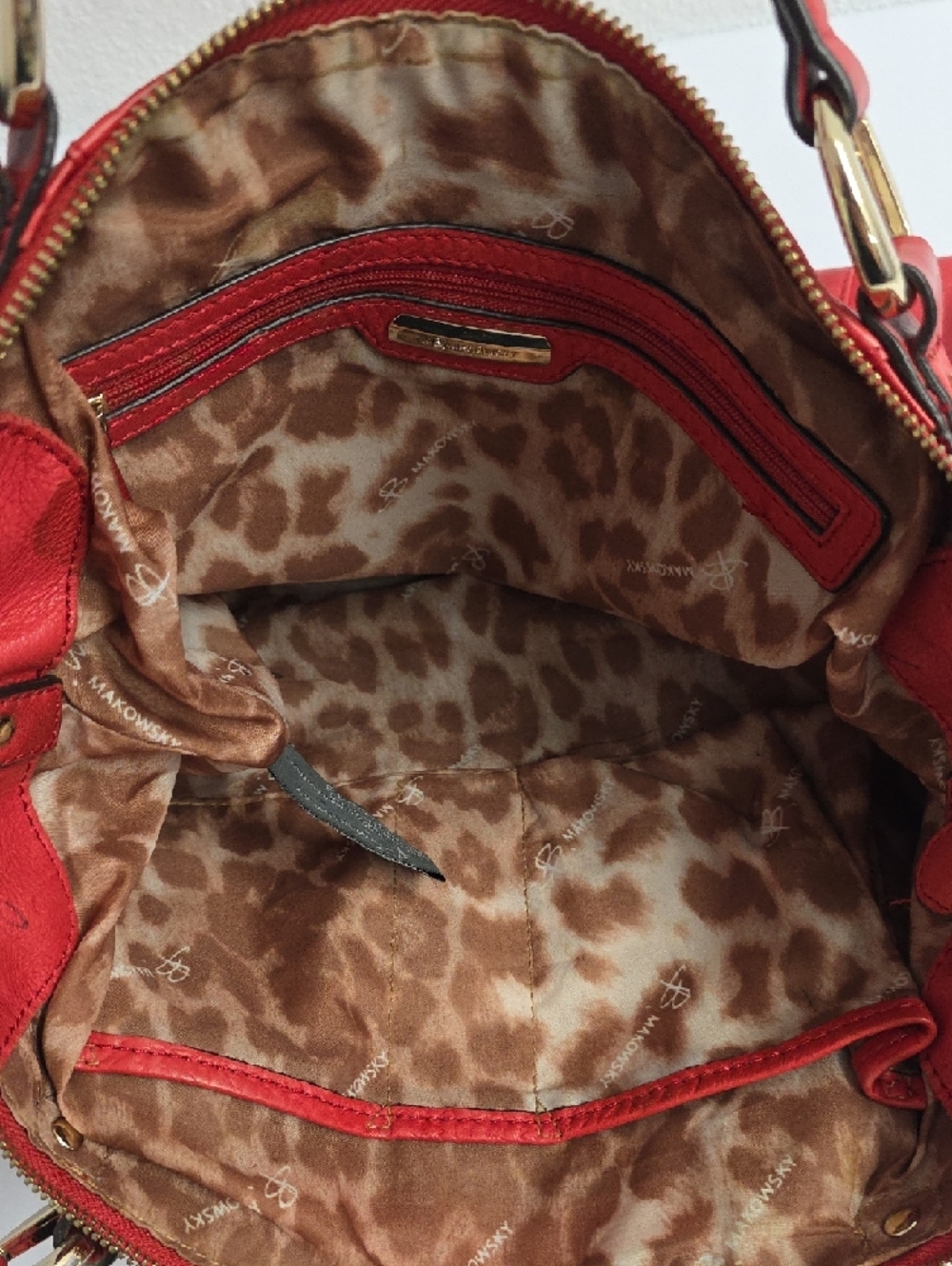 B. Makowsky Red Genuine Leather Shoulder Bag Gold Hardware Crossbody Purse - Picture 6 of 16